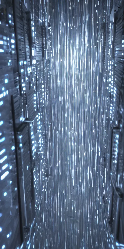 Prompt: chrome blob hovering in a server room, system failure cinematic led lights photorealistic render unreal