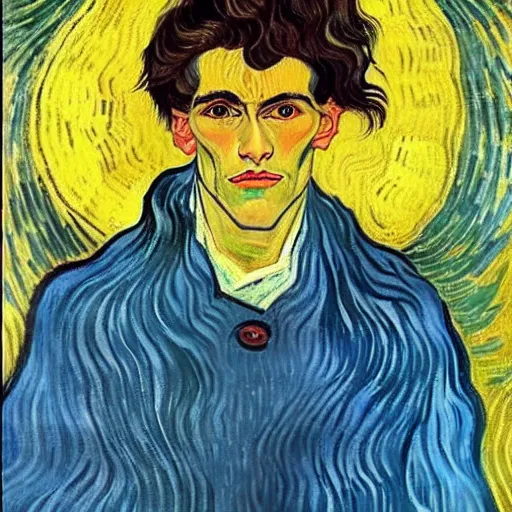 Image similar to painting of handsome beautiful dark medium wavy hair man in his 2 0 s, dressed as an oracle he has a vision for the future!! looking upward to the heavens above!! slight smile, foreseeing the future!! elegant, clear, painting, highly stylized, art by vincent van gogh, egon schiele