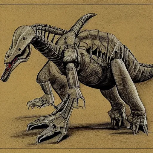Image similar to leonardo da vinci's technical sketch of a robotic dinosaur, highly detailed