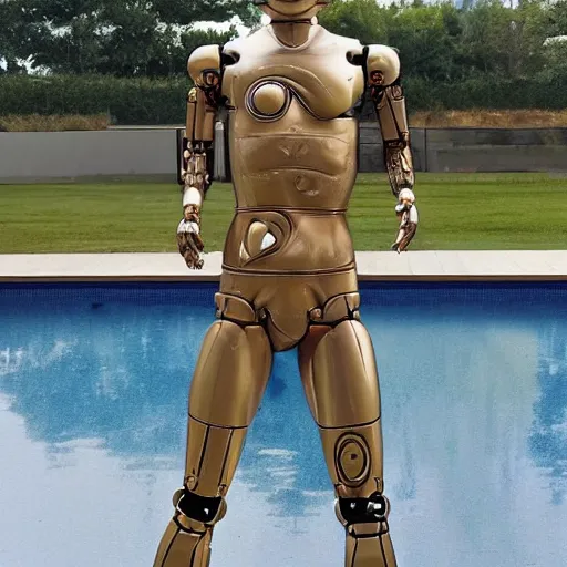 Image similar to a realistic detailed photo of a guy who is an attractive humanoid who is half robot and half humanoid, who is a male android, soccer player timo werner, shiny skin, posing like a statue, blank stare, by the pool, on display, showing off his muscles, humanoid robot, frozen ice statue, made of ice