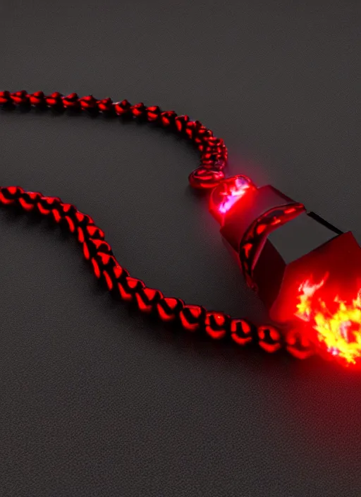 Image similar to rpg item, a black necklace with a bright red diamond in flames, Unreal 5, DAZ, hyperrealistic, rpg style, octane render, dynamic lighting