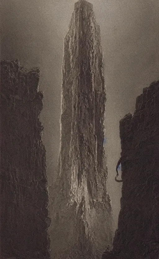 Image similar to close shot of a hellish monolith bursting out of a cathedral by Zdzisław Beksiński