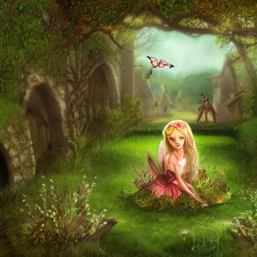 Prompt: fairy on a medieval land, lunarpunk, digital art