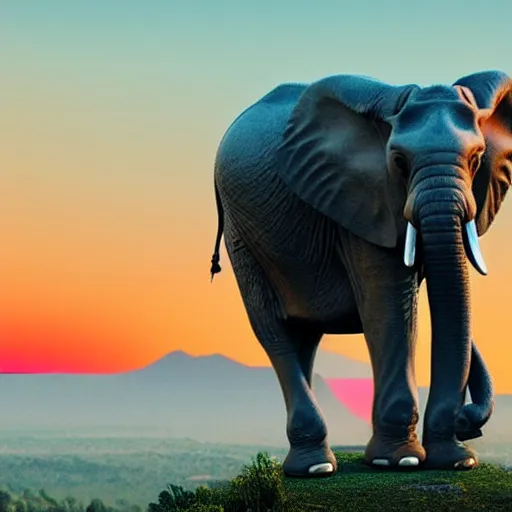 Prompt: a heroic elephant watching yesterday's sunset over the mountains in the style of synthwave