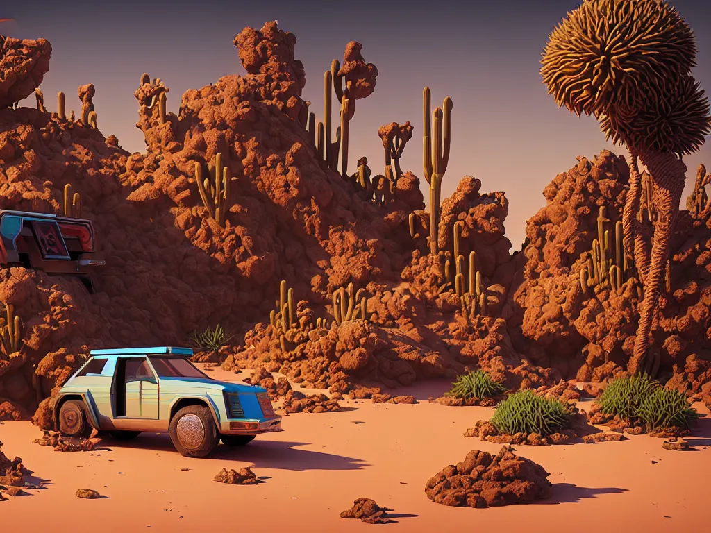 Image similar to 80s outdoor retro arcade, desolate, desert oasis vegetation:: beeple and James Gilleard and Justin Gerard :: ornate, dynamic, particulate, intricate, elegant, highly detailed, centered, artstation, smooth, sharp focus, octane render, 3d