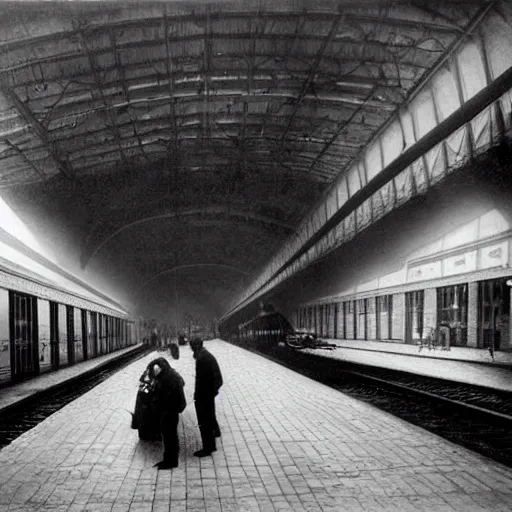 Prompt: a black and white photo of people in a train station, photograph by hal morey, a matte painting by hugh ferriss, featured on cg society, light and space, volumetric lighting, matte drawing, global illumination