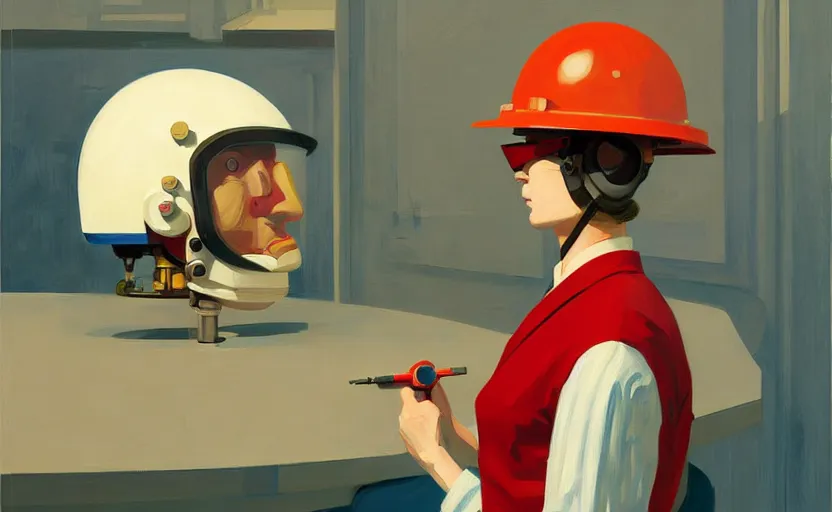 Image similar to Portrait of an engineer with helmet, very coherent, painted by Edward Hopper, painted by James Gilleard, airbrush, art by JamesJean