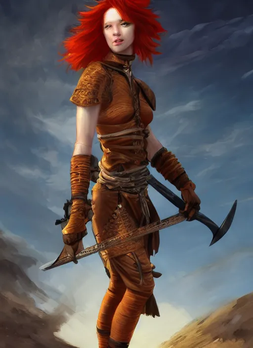 Image similar to Redhead female fighter with katana in desert, fantasy, medieval, vivid colors, fantasy, elegant, concept art, sharp focus, beautiful face, digital art, Hyper-realistic, 4K, Unreal Engine, Highly Detailed, HD, Dramatic Lighting by Brom, trending on Artstation