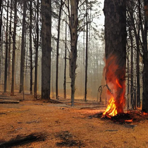 Prompt: text reading burn in the forest with trees growing out of it