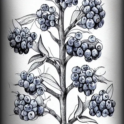 Image similar to botanical drawing of blueberry bush. Traditional art. Rustic. Nordic. 4K. Trending on artstation. Detailed Bushy. Nature. Artistic.