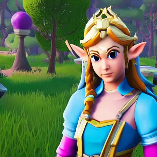 Image similar to princess zelda in fortnite, character render, full body shot, highly detailed, in game render