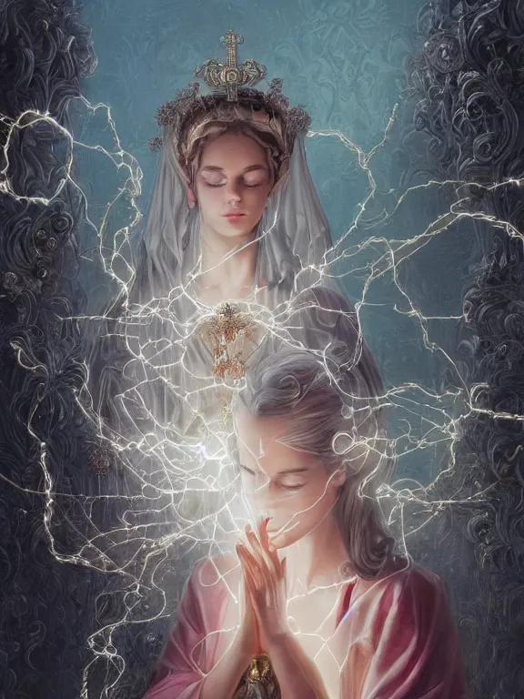 Image similar to a complex concept art ultra detailed of two baroque catholic veiled perfect female face android queens kneel and pray with lots of electric cable behind them connected to giant computer,bowknot, fine lace, GUCCI, sparkling, jewel embellishment, film lighting, by Andrei Riabovitchev,Stanely Artgerm, Tom Bagshaw, Andrei Riabovitchev, aaron horkey, trending on pinterest, full of color, mythological, high detailed,golden ratio,cinematic lighting