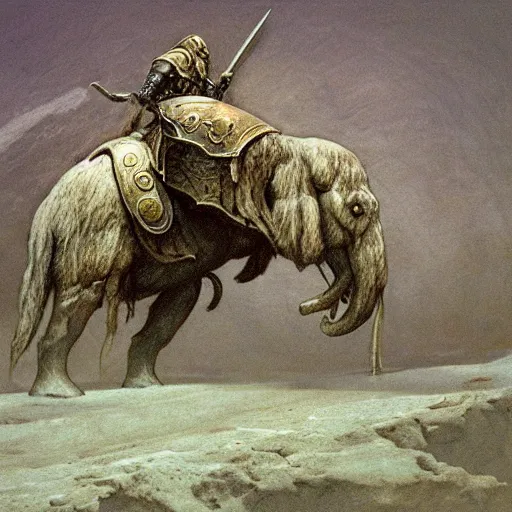 Image similar to mammoth rider concept art, clad in ancient norse armor, beksinski