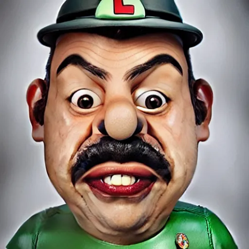 Image similar to beautifully rendered, masterpiece, caricature, claymation, luis guzman as luigi making absurd silly looking faces