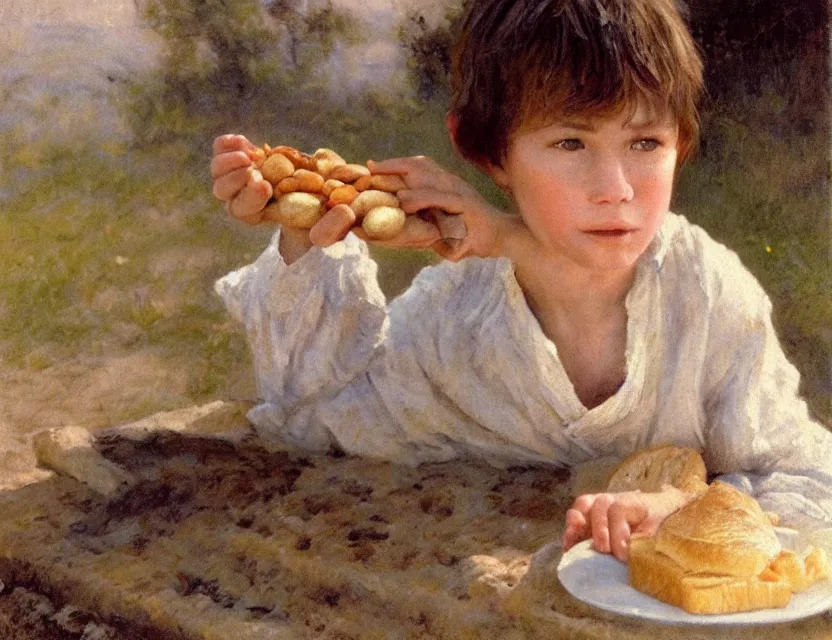 Prompt: portrait of little peasant boy eating a bread, cottage core, cinematic focus, polaroid photo bleached vintage pastel colors high - key lighting, soft lights, foggy, by steve hanks, by lisa yuskavage, by serov valentin, by tarkovsky, 8 k render, detailed, oil on canvas