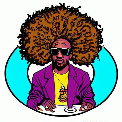 Image similar to svg sticker of a Dancing-Ben-Harper-Snoop-Spike-Lee-with-a-large-Afro-Puff, at a rave, spinning records, giant headphones rocking out, wearing headphones, huge speakers, dancing, rave, DJ, spinning records, digital art, amazing composition, rule-of-thirds, award-winning, trending on artstation, featured on deviantart