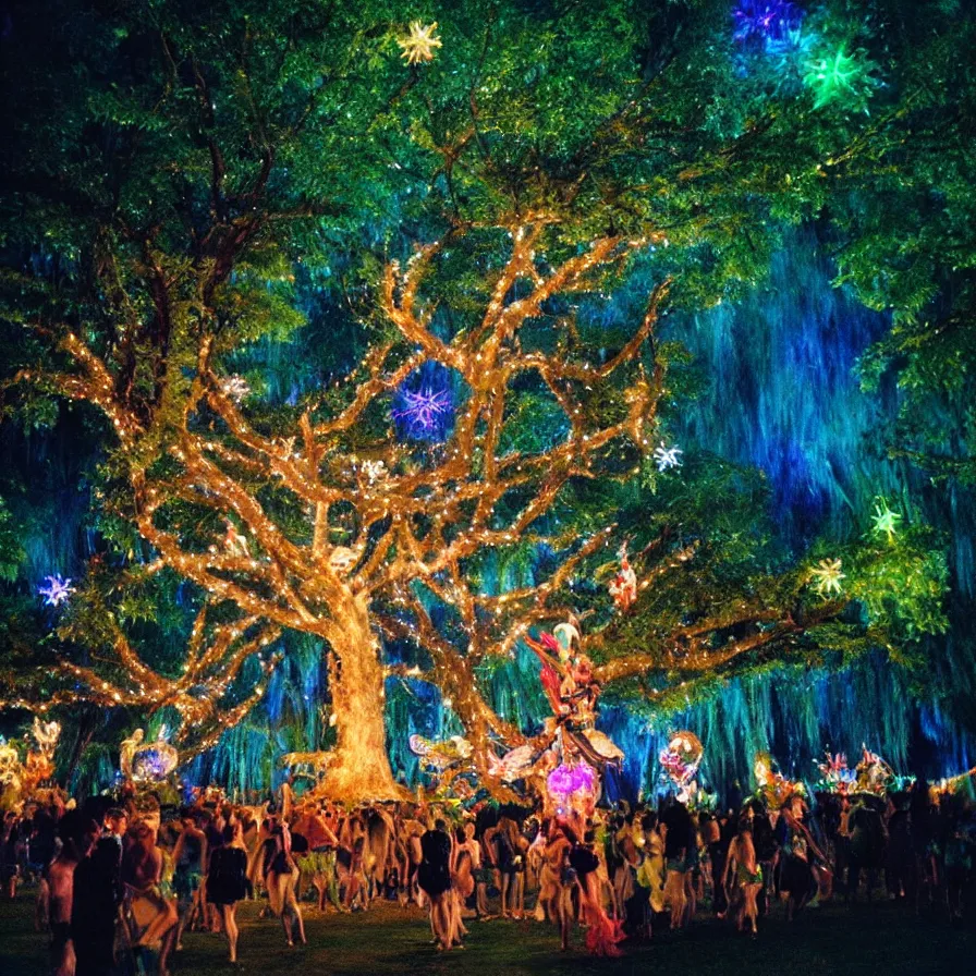 Image similar to a night carnival fairies around a magical tree next to a lake with iridiscent water, christmas lights, volumetric lightning, creatures and fantastic people disguised as fantastic creatures in a magical forest by summer night, masterpieceunderwater scene, masterpiece painted by slim aarons, scene by night