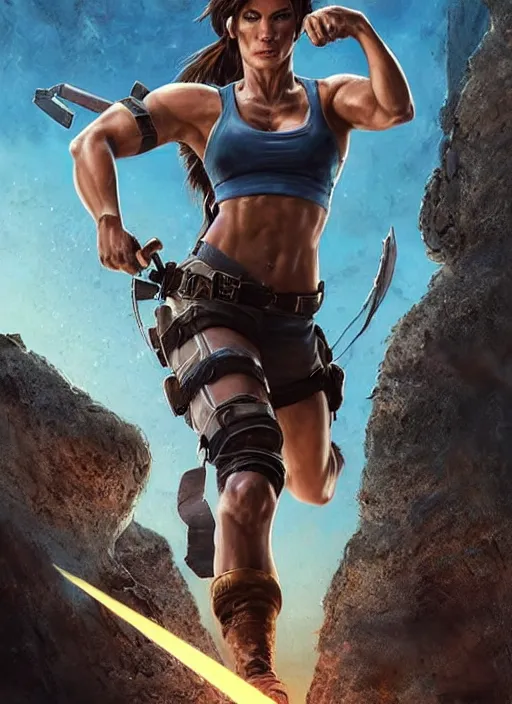 Image similar to muscled Sandra Bullock as Lara Croft as a ruggedly handsome heroine looking directly into the camera, jumping off a glowing artifact lodged in shallow blue glowing water, intricate, elegant, highly detailed, artstation, concept art, smooth, sharp focus, illustration, bokeh art by artgerm and donato giancola and Joseph Christian Leyendecker, WLOP, fireflies, distant snowstorm and thunder