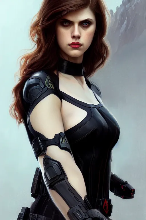 Image similar to alexandra daddario as black widow, realistic portrait, symmetrical, highly detailed, digital painting, artstation, concept art, smooth, sharp focus, illustration, cinematic lighting, art by artgerm and greg rutkowski and alphonse mucha