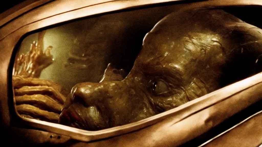 Image similar to the creature sits in a car, made of wax and metal, they look me in the eye, film still from the movie directed by Denis Villeneuve and David Cronenberg with art direction by Salvador Dalí, wide lens