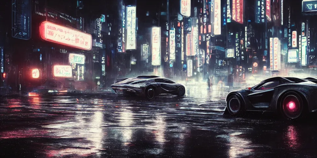 Image similar to close up macro shot of a futuristic cars on wet tokyo street at night, intricate, hyper detailed, smooth, high contrast, neon, volumetric lighting, octane, moebius, greg rutkowski, blade runner, ridley scott, cinematic