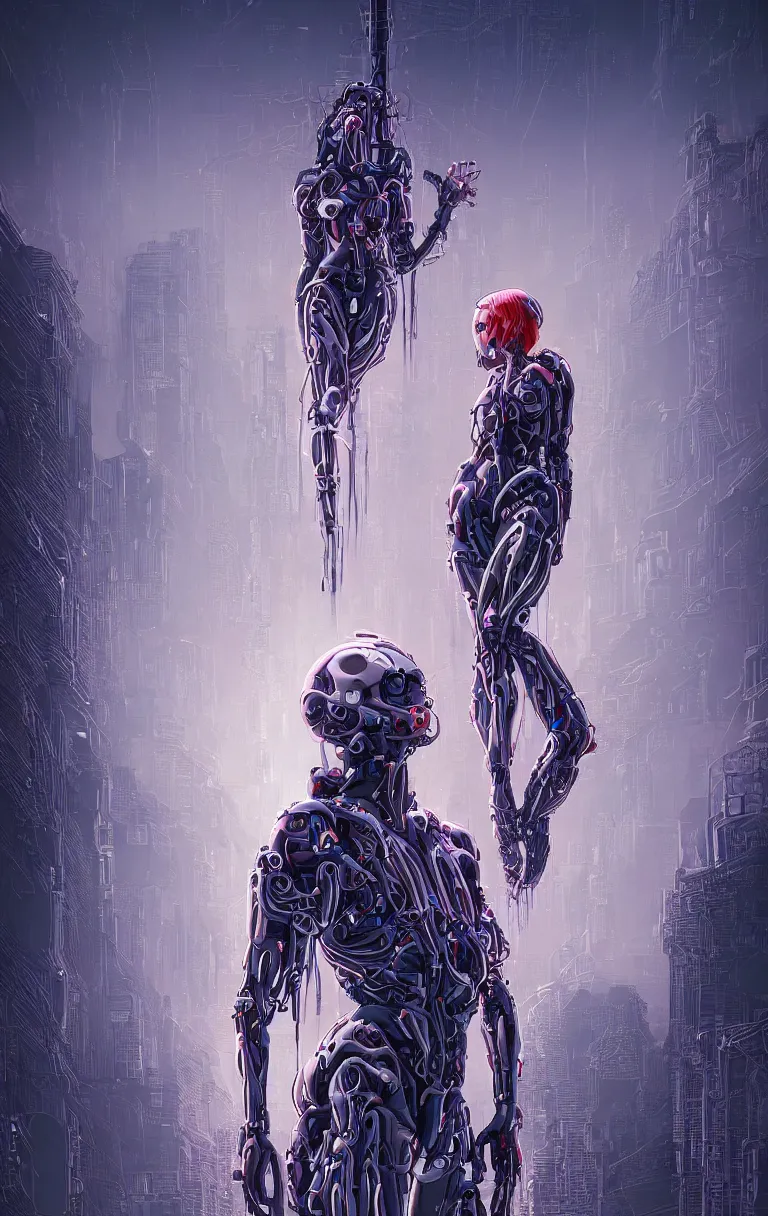 Image similar to award winning portrait of a crucified gargantuan female biomorphic cyborg goddess queen in the style of death stranding, neon genesis evangelion, with intricate energy core connecting to a futuristic downtown city, mightnight by artgerm, jean moebius giraud, yoshitaka amano, beeple, greg rutkowski. octane render.