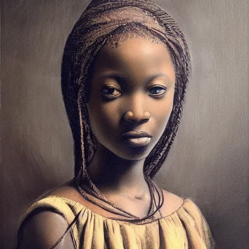 Image similar to a painting of a beautiful African girl by Leonardo da Vinci . dramatic angle, ethereal lights, details, smooth, sharp focus, illustration, realistic, cinematic, artstation, award winning, rgb , unreal engine, octane render, cinematic light, macro, depth of field, blur, red light and clouds from the back, highly detailed epic cinematic concept art CG render made in Maya, Blender and Photoshop, octane render, excellent composition, dynamic dramatic cinematic lighting, aesthetic, very inspirational, arthouse.