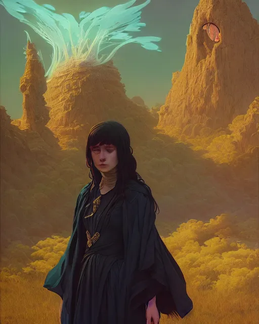 Image similar to highly detailed surreal vfx portrait of a mythpunk mage, stephen bliss, unreal engine, greg rutkowski, loish, rhads, beeple, makoto shinkai and lois van baarle, ilya kuvshinov, rossdraws, tom bagshaw, alphonse mucha, global illumination, detailed and intricate environment