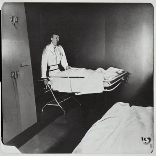 Prompt: an alien in a hospital bed. 1940s photograph.