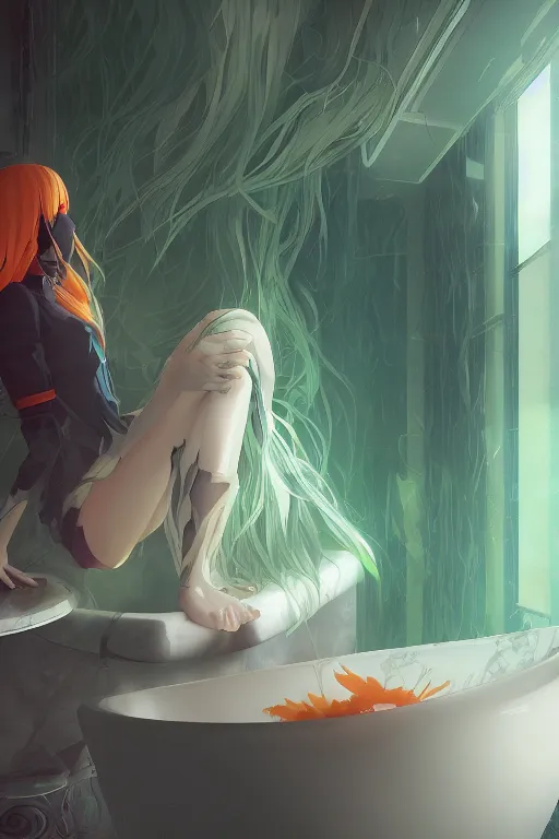 Prompt: a girl with long white hair lying in a bathroom bath at afternoon, green and orange theme, s line, 4 5 angel by krenz cushart and mucha and makoto shinkai and akihito yoshida and greg rutkowski, nier : automata inspired, 4 k resolution