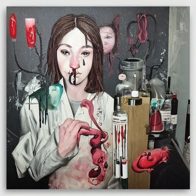 Prompt: “ a portrait in a female art student ’ s apartment, a pig theme, syringe, anaesthesia, art supplies, surgical iv drip, octopus, ikebana, herbs, a candle dripping white wax, squashed berries, berry juice drips, acrylic and spray paint and oilstick on canvas, surrealism, neoexpressionism ”