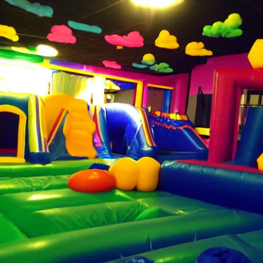 Image similar to a darkly lit indoor playplace bounce house photo taken with a deposable camera, limital space