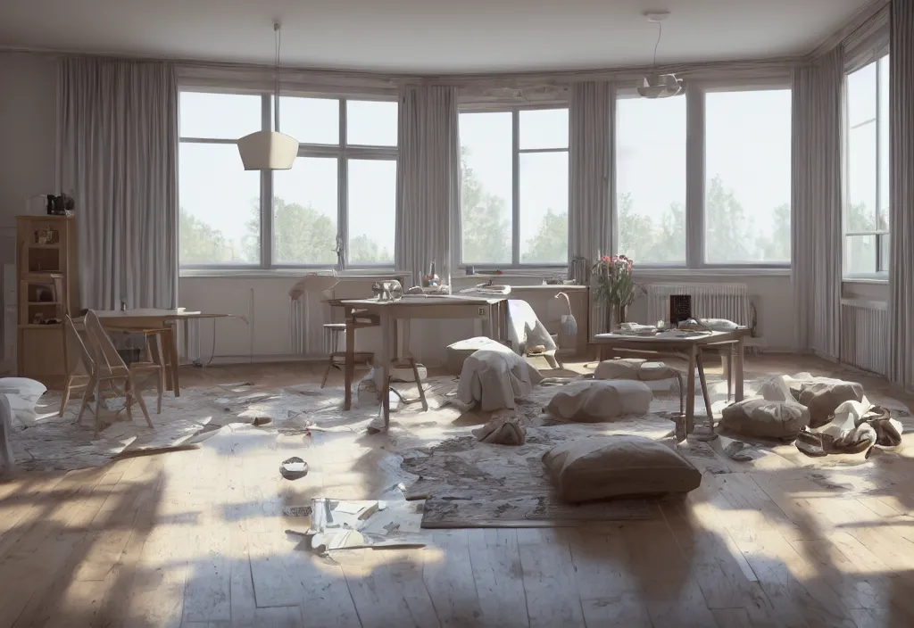Prompt: kodak portra 4 0 0 photographic and realistic, a modern room with large windows and a large table in the center, detailed, octane render, unreal engine, 4 k, artstation, hyper realistic, wide angle, 3 5 mm, sharp focus, warm light, volumetric light fog, in the style of gregory crewdson