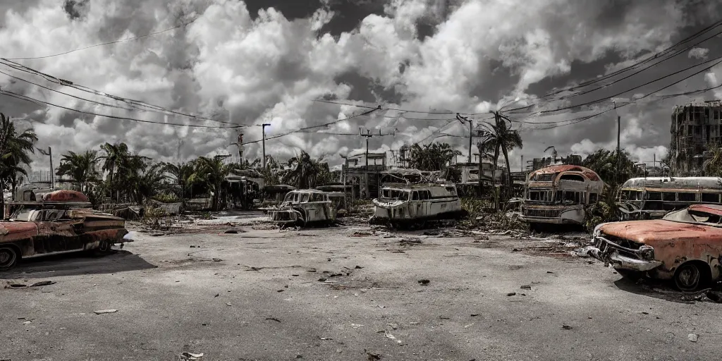 Image similar to fallout 5, photo of dilapidated miami, tropical coastal city, desolate, dilapidated, some rusted retro futuristic vintage parked vehicles like cars, buses, trucks, trams, sunny weather, few clouds, volumetric lighting, photorealistic, daytime, spring, sharp focus, ultra detailed, 4 0 0 0 k, technicolour 1