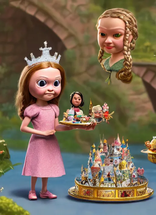 Image similar to highly detailed closeup, face profile portrait of greta thunberg as a tin toy fairytale princess wearing a crown eating cakes, bikini, unreal engine, nicoletta ceccoli, mark ryden, earl norem, lostfish, global illumination, detailed and intricate environment