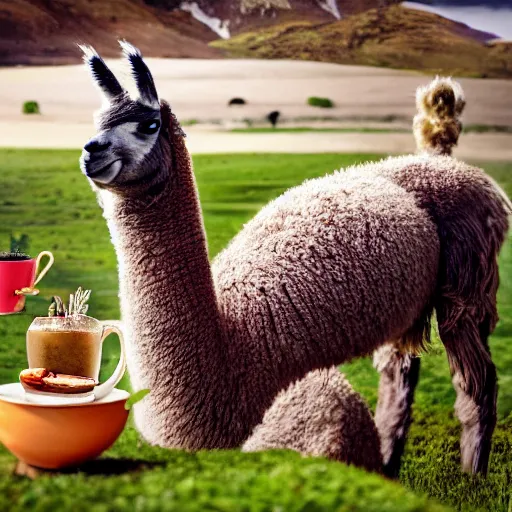Prompt: a llama having tea with the queen, 8k, award winning photo, digital art
