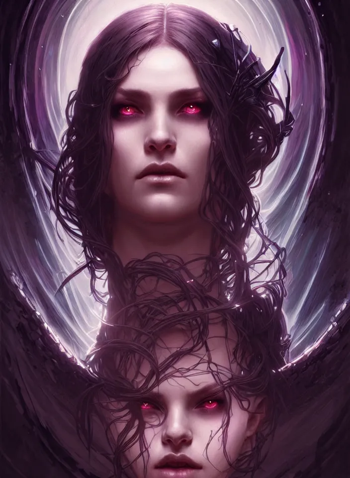 Image similar to Necromancer Sorceress face in center, fantasy magic, undercut hairstyle, dark light night, intricate, elegant, sharp focus, illustration, highly detailed, digital painting, concept art, matte, art by WLOP and Artgerm and Greg Rutkowski and Alphonse Mucha, masterpiece