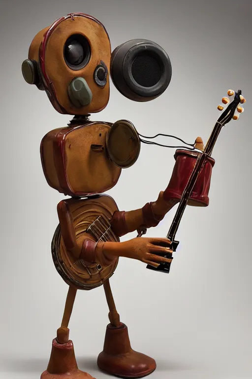 Prompt: glazed ceramic sculpture of a country bumpkin robot playing a banjo, straw in his mouth, standing on a speaker, fantasy, studio lighting, rim lighting, high detail, hyper realistic, 8 k