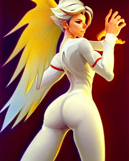 Image similar to mercy from overwatch, radiant light, caustics, by boris vallejo