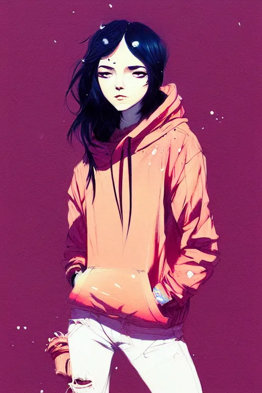 Prompt: a ultradetailed painting of a stylish girl in a oversized hoodie by conrad roset, greg rutkowski and makoto shinkai trending on artstation