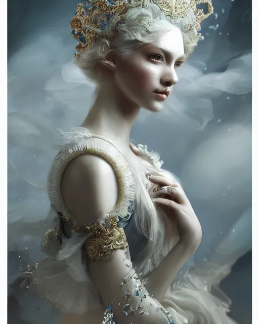 Image similar to 4k cinematic full view ethereal elysian female wearing intricate religious Madonna crown platinum blonde hair rococo style attire by Ruan Jia by Alberto Seveso, detailed and realistic, Artstation