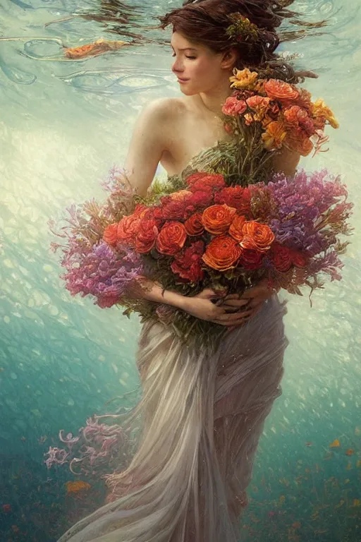 Image similar to portrait of a beautiful mysterious woman holding a bouquet of flowing flowers, hands hidden under the bouquet, submerged underwater filled with coral reef, fantasy, regal, intricate, by stanley artgerm lau, greg rutkowski, thomas kindkade, alphonse mucha, loish, norman rockwell