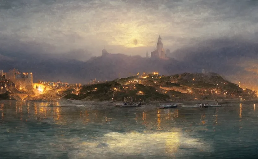 Prompt: early 1900s large port city with a castle on a hill overlooking the ocean, at dusk, distant mountains, 4k, rule of thirds, extreme detail, hazy water, intricate ink illustration, trending on artstation, cgsociety, hd, calm, complimentary colours, realistic lighting, by Albert Bierstadt, Frederic Edwin Church.