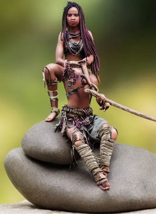 Prompt: Product Introduction Photos, 4K, Full body, 80mm resin detailed miniature of a savage tribe girl, Sitting on a miniature stone