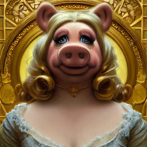 Image similar to Epic Masterpiece head and shoulders portrait of Miss Piggy drawn by Donato Giancola and Tom Bagshaw, Edmund Leighton, Alphonse Mucha, background by James Jean and Gustav Klimt, 4k, porcelain skin, volumetric lighting, komorebi, french nouveau, trending on artstation, octane render, hyperrealistic