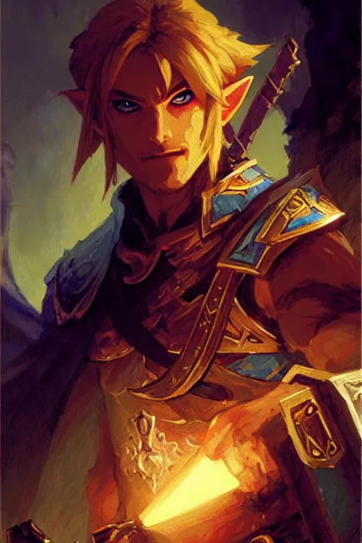 Image similar to link from zelda as a magic the gathering card portrait dnd, painting by gaston bussiere, craig mullins, greg rutkowski, yoji shinkawa