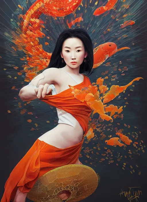 Prompt: portrait of mulan, koi fish, orange spike aura in motion, floating pieces, painted art by tsuyoshi nagano, greg rutkowski, artgerm, alphonse mucha, spike painting