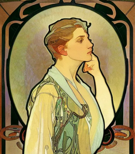 Prompt: portrait of a handsome non binary criminal lost in thought, by alphonse mucha, intense desire, high quality, high detail