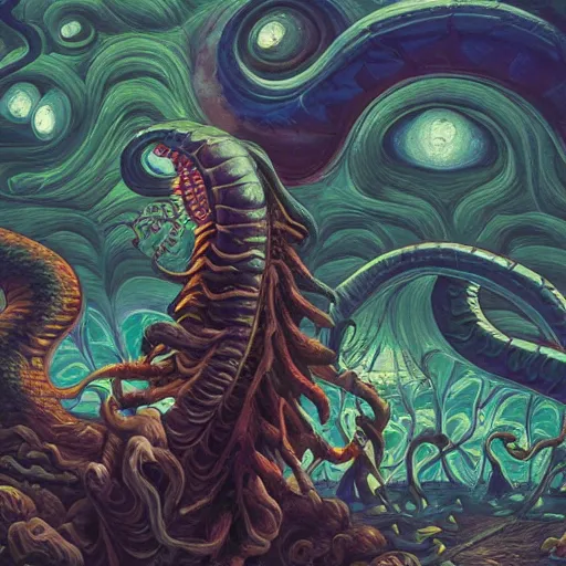 Image similar to A centered chest up portrait of a psychedelic demonic anthropomorphic snake smoking a hand-rolled cigarette smoking heavily , magic mushroom village in background , award winning. superb resolution. in the art style of junji Ito and greg rutkowski . Detailed Mushroom city in background. Hyper realistic anime. Perfect art. Dalle2