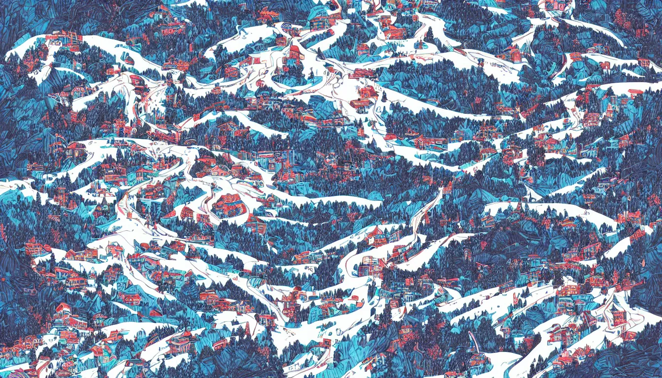 Image similar to ski slopes, chinese ink brush, yukio - e, kilian eng, victo ngai, josan gonzalez